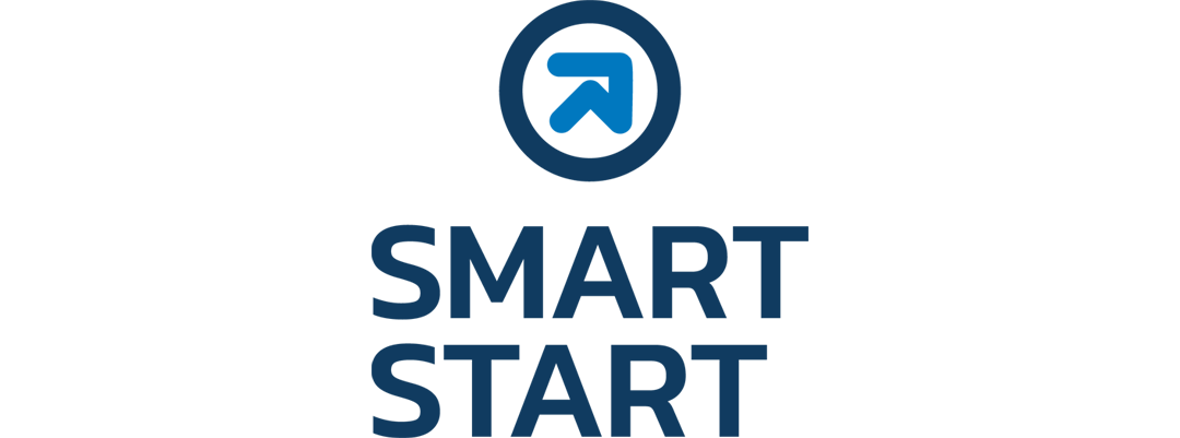 A-dec Smart Start logo featuring a stylized blue arrow icon above the words ‘Smart Start’ in bold navy text