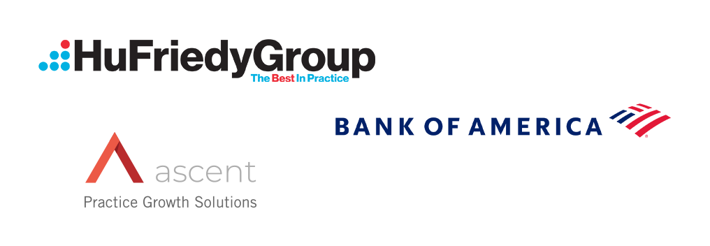 Logos for HuFriedyGroup, Bank of America, and Ascent Practice Growth Solutions