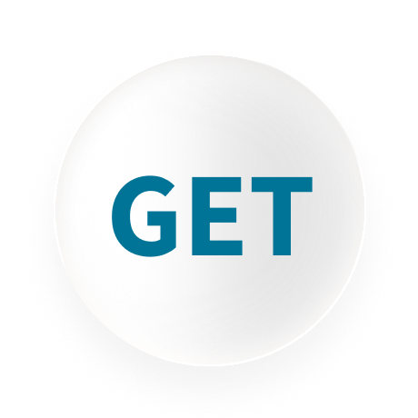 The word GET in dark blue text on a white circle