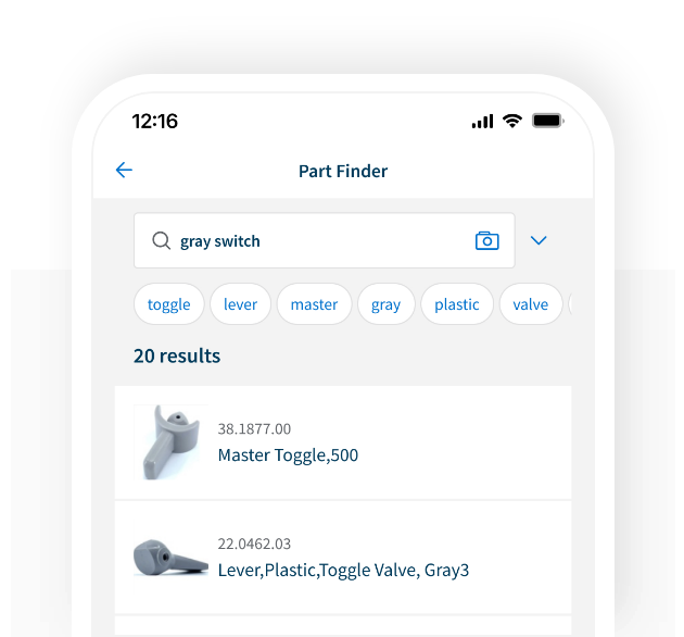 Results of a search using visual description of an A-dec part